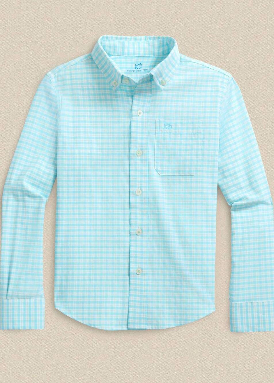 NEW SOUTHERN TIDE boy's precheck plaid coastal sport shirt in tropical breeze bl